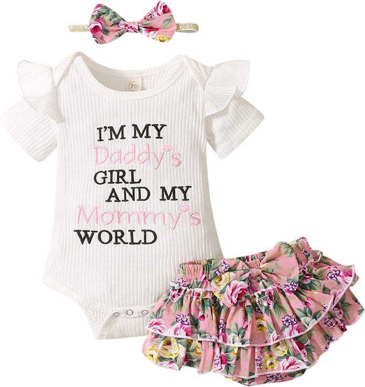 Newborn Baby Girl Clothes Embroidered Letters Short Sleeve Romper+Floral Shorts Cute Baby Summer Outfits