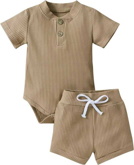 Summer Newborn Baby Boy Girl Clothes Set Ribbed Outfits Unisex Infant Solid Short Sleeve Tops Shorts 2PCS